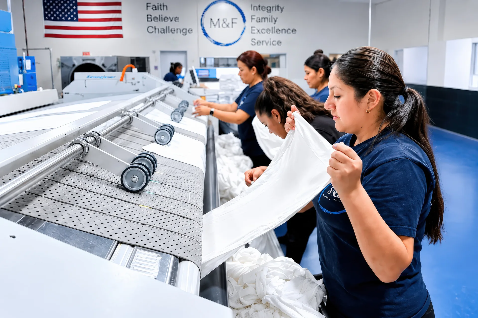 M&F team inspecting white linens on the production floor